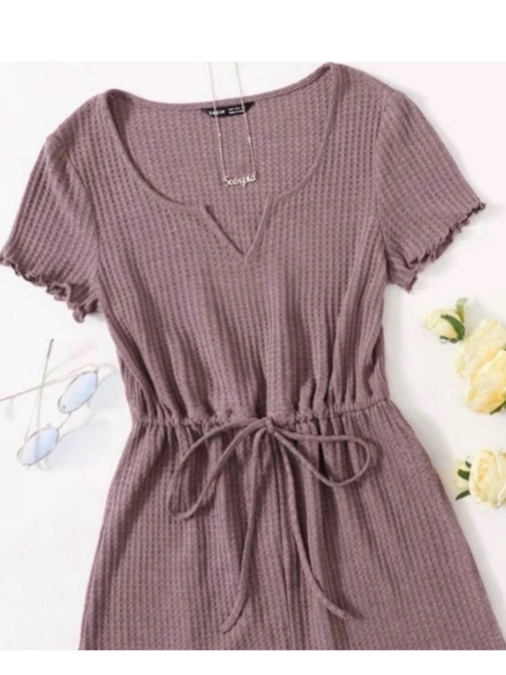 NWT XS Mauve ribbed v neck romper with tie waist band